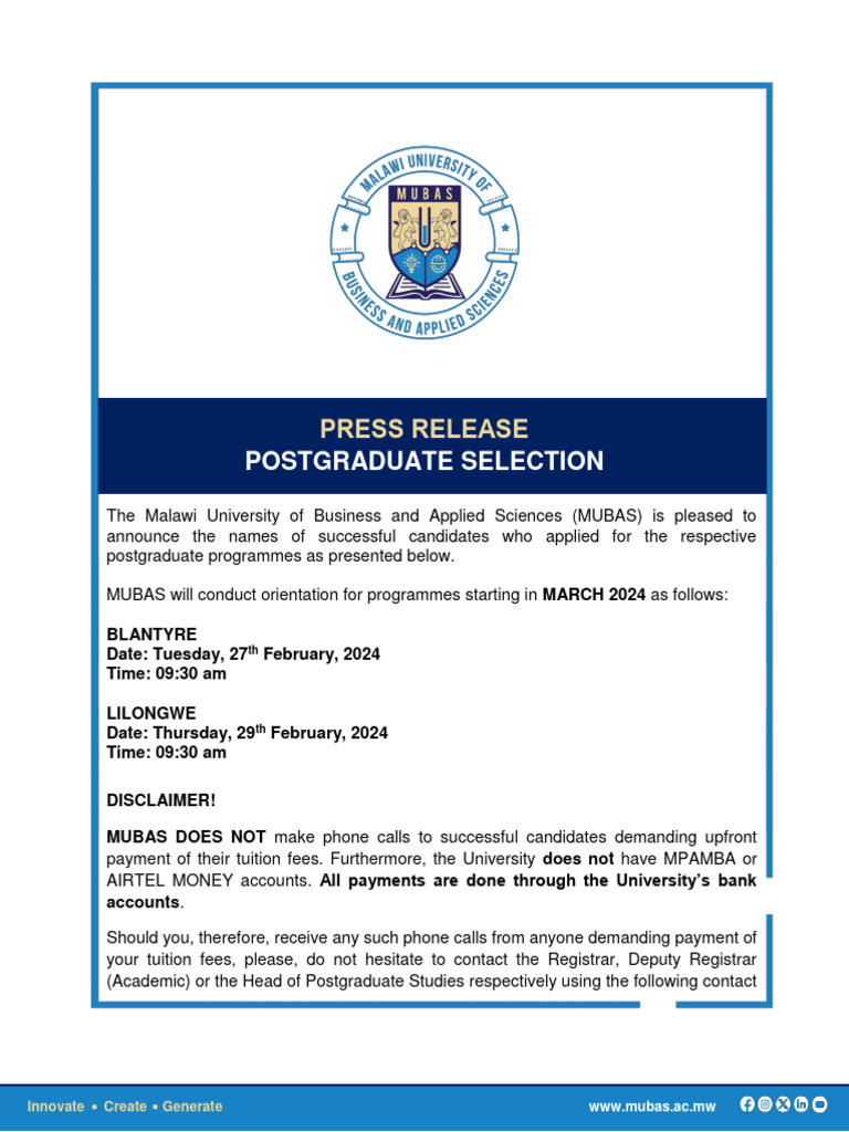 MUBAS Postgraduate Selection Results | PDF | Business | Educational Stages