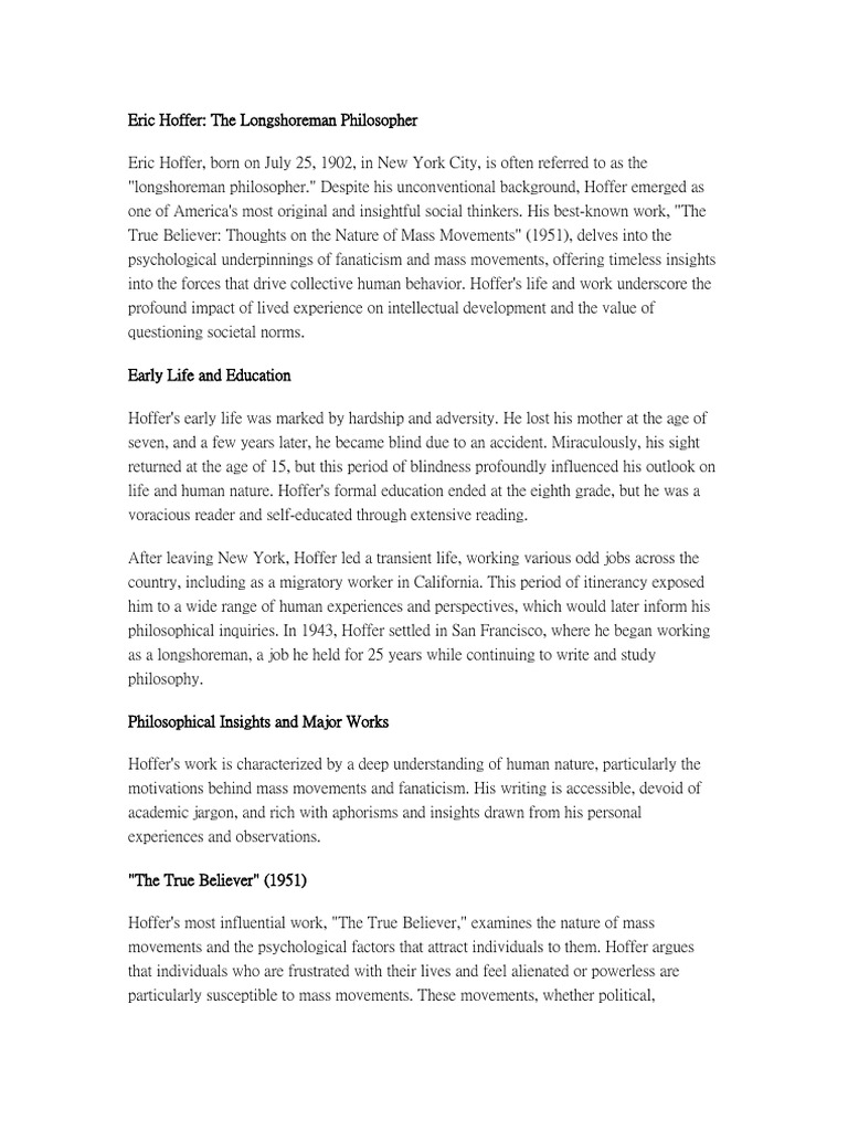 Eric Hoffer | PDF | Liberal Arts Education | Behavioural Sciences