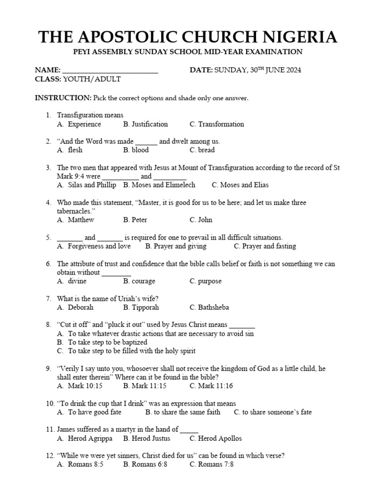 Sunday School Exam: Youth & Children | PDF | Jesus | Baptism