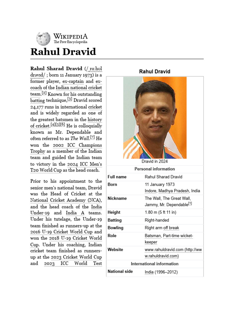 Rahul Dravid - Wikipedia | PDF | England Cricket Team | Test Cricket