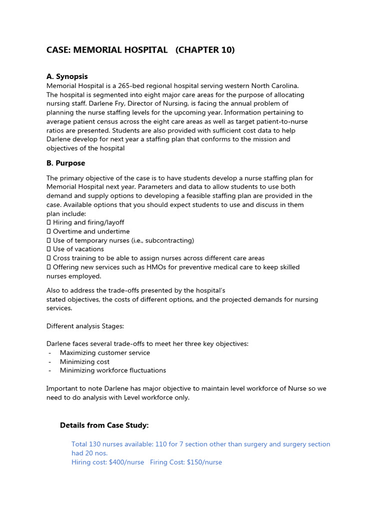 Case Study Memorial Hosp | PDF | Nursing | Hospital