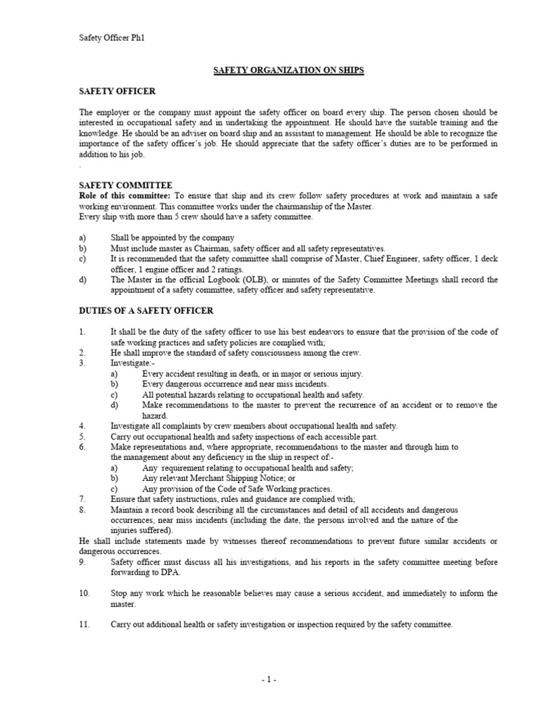 Onboard Safety Officer Responsibilities | PDF | Safety | Occupational ...