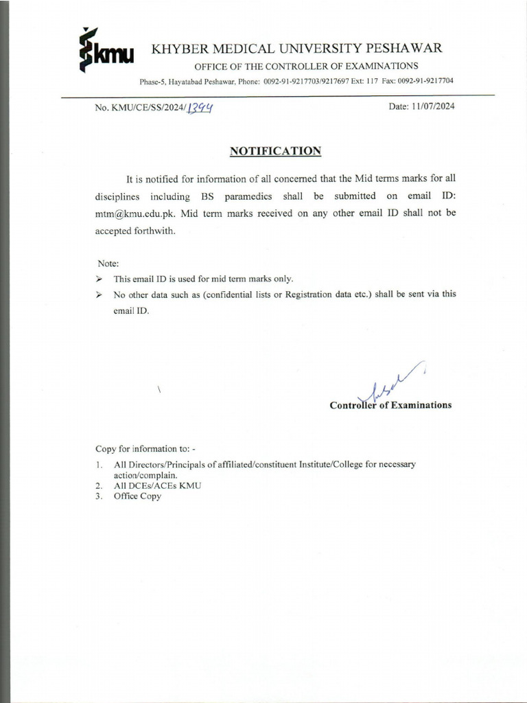 Notification Mid Marks Email Id | PDF