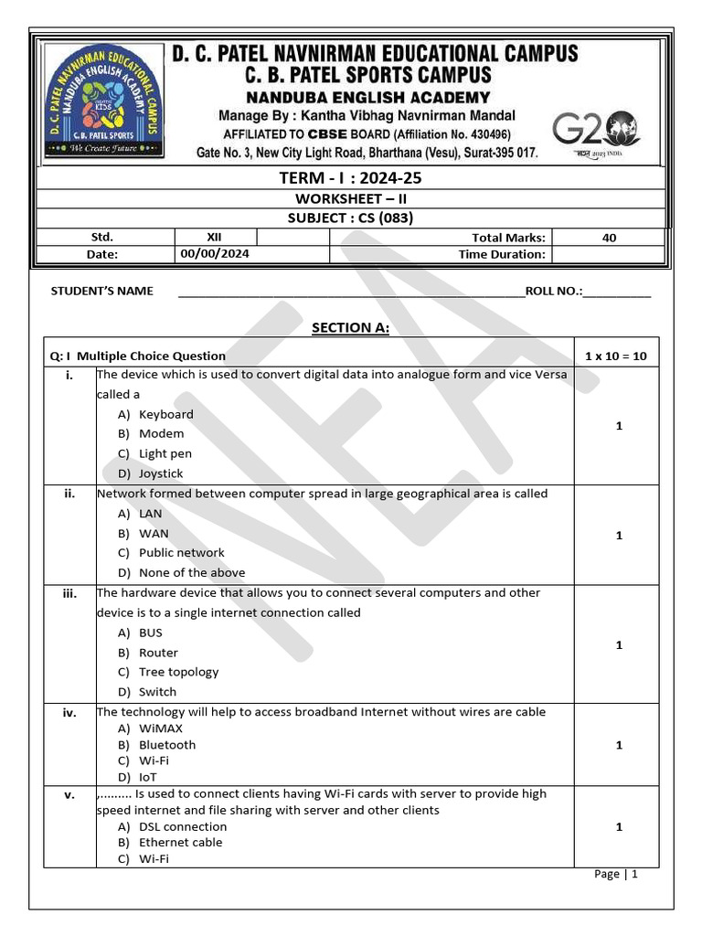 XiI WORKSHEET FOR UNIT 2 2024-25F | PDF | Computer Network | Wi Fi