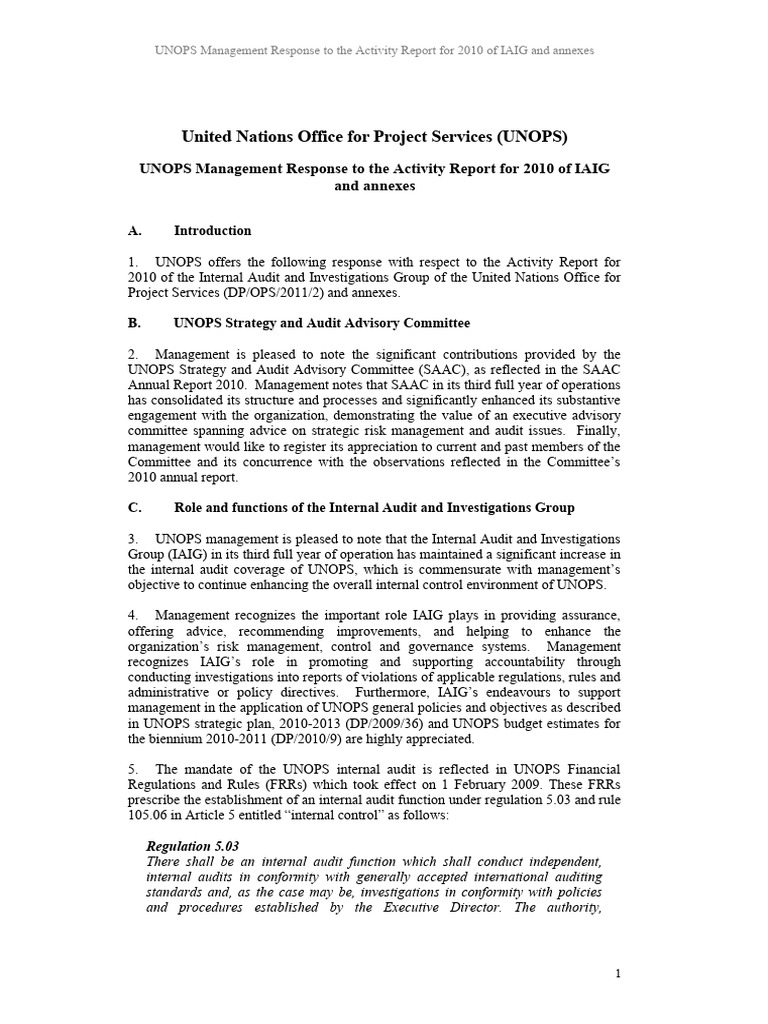 UNOPS Response to 2010 IAIG Report | PDF | Internal Audit | Audit