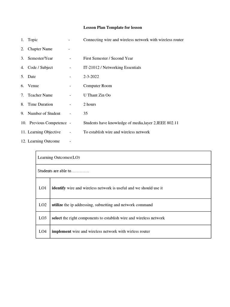 Lesson Plan Template (Job) | PDF | Computer Network | Router (Computing)
