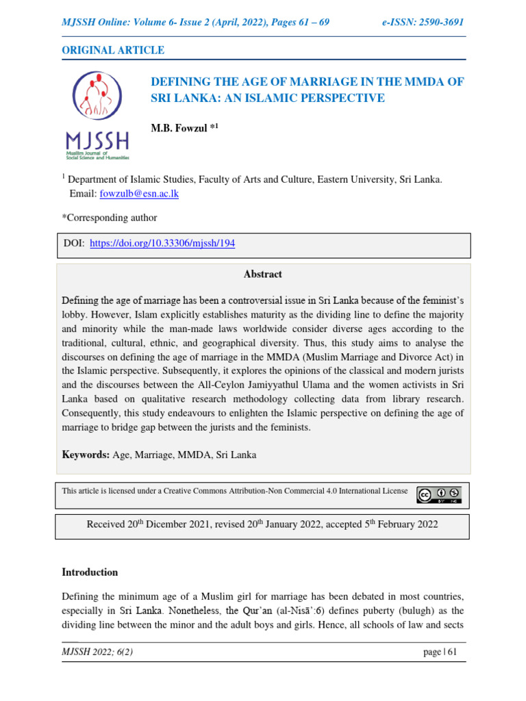 Islamic Perspective on Marriage Age in Sri Lanka | PDF | Marriage | Hadith