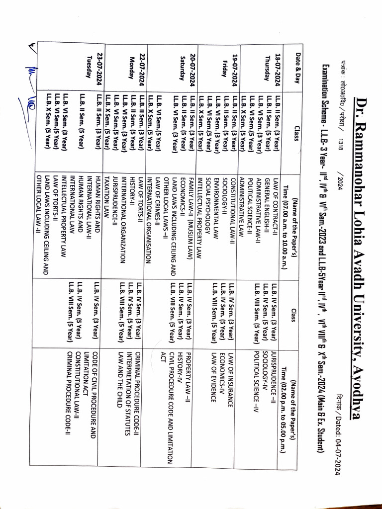 LL.B Schedule Jul 05, 2024 | PDF | Justice | Crime & Violence