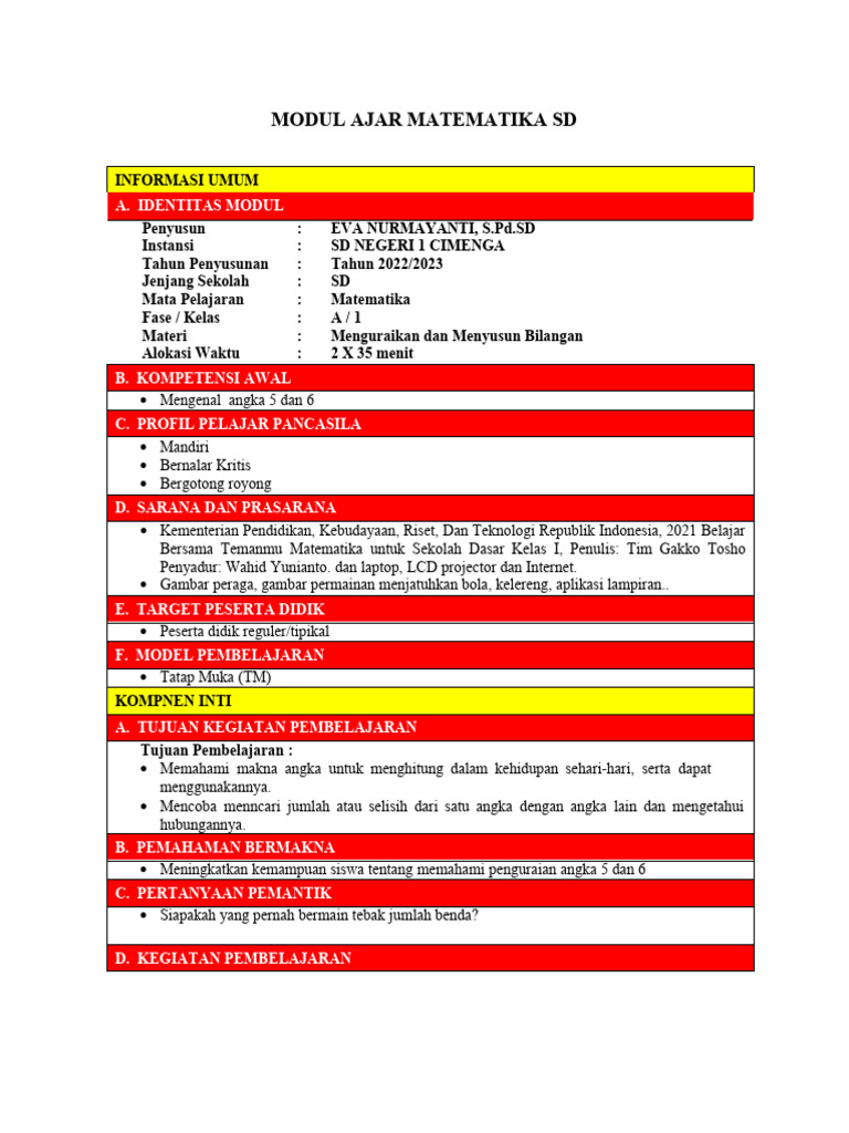 Modul Ajar Matematika Kelas 1 SD | PDF | Karier & Perkembangan
