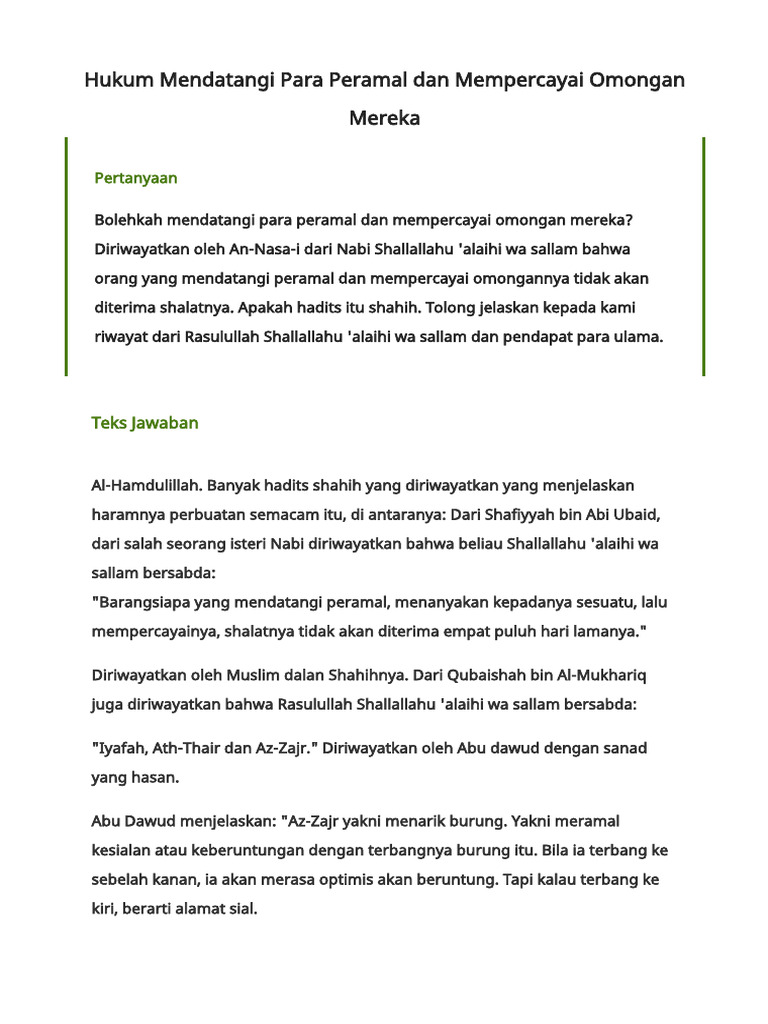 Hukum Mengunjungi dan Percaya Peramal | PDF