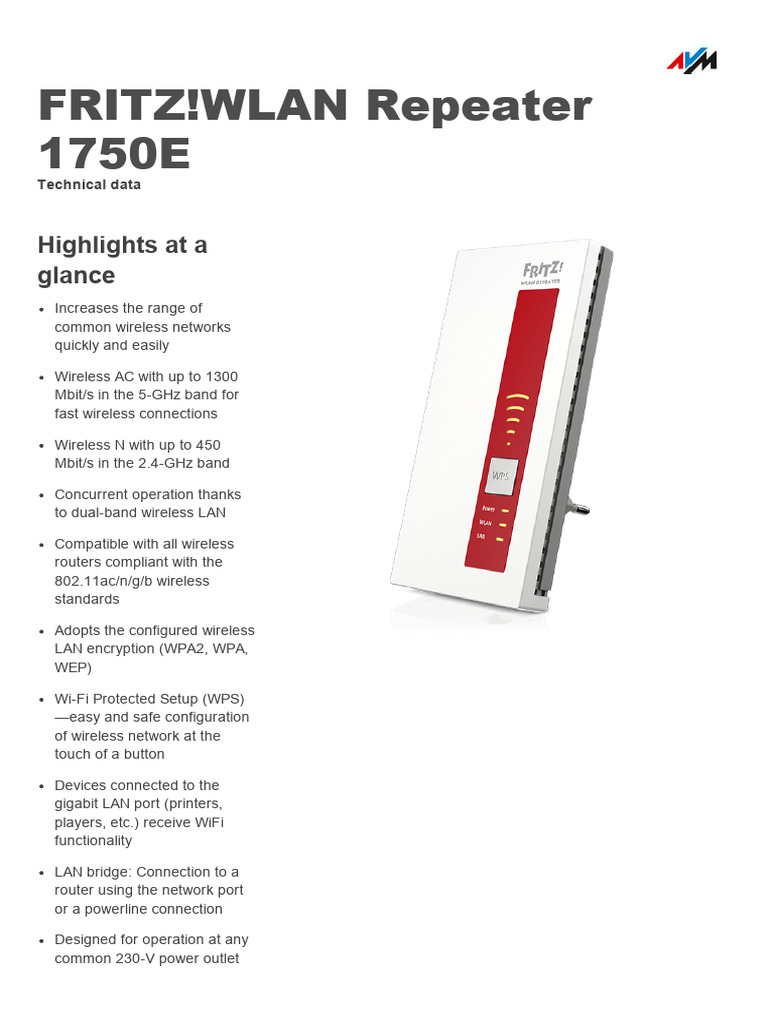 FRITZ!WLAN Repeater 1750E Specifications | PDF | Wi Fi | Wireless Lan