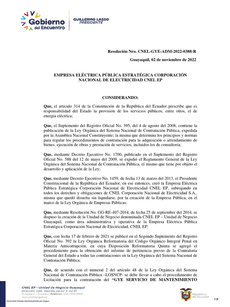 Resolución Nro. CNEL-GYE-ADM-2022-0388-R Guayaquil, 02 de Noviembre de ...