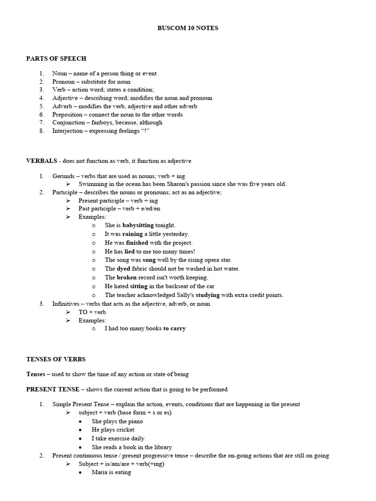 Buscom 10 Notes Pdf Verb Grammatical Tense