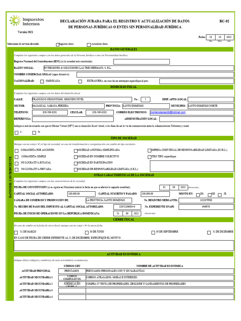 Formulario RC-02: Registro de Entidades | PDF | Documento de identidad ...