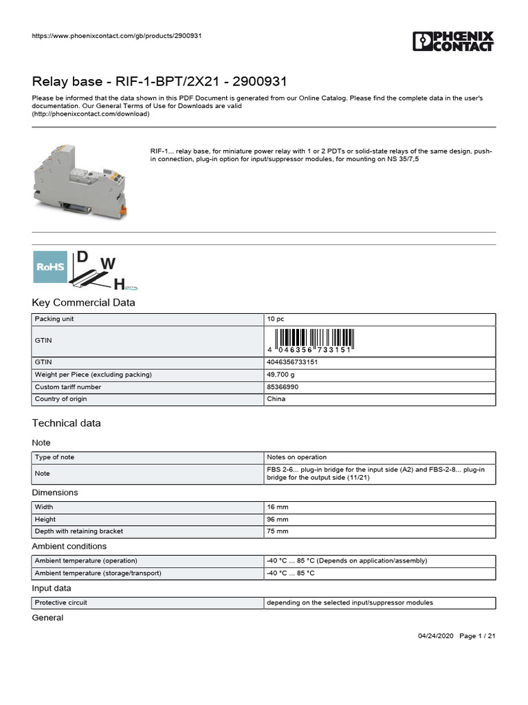Relay Base RIF-1-BPT/2X21 Specifications | PDF | Relay | Switch