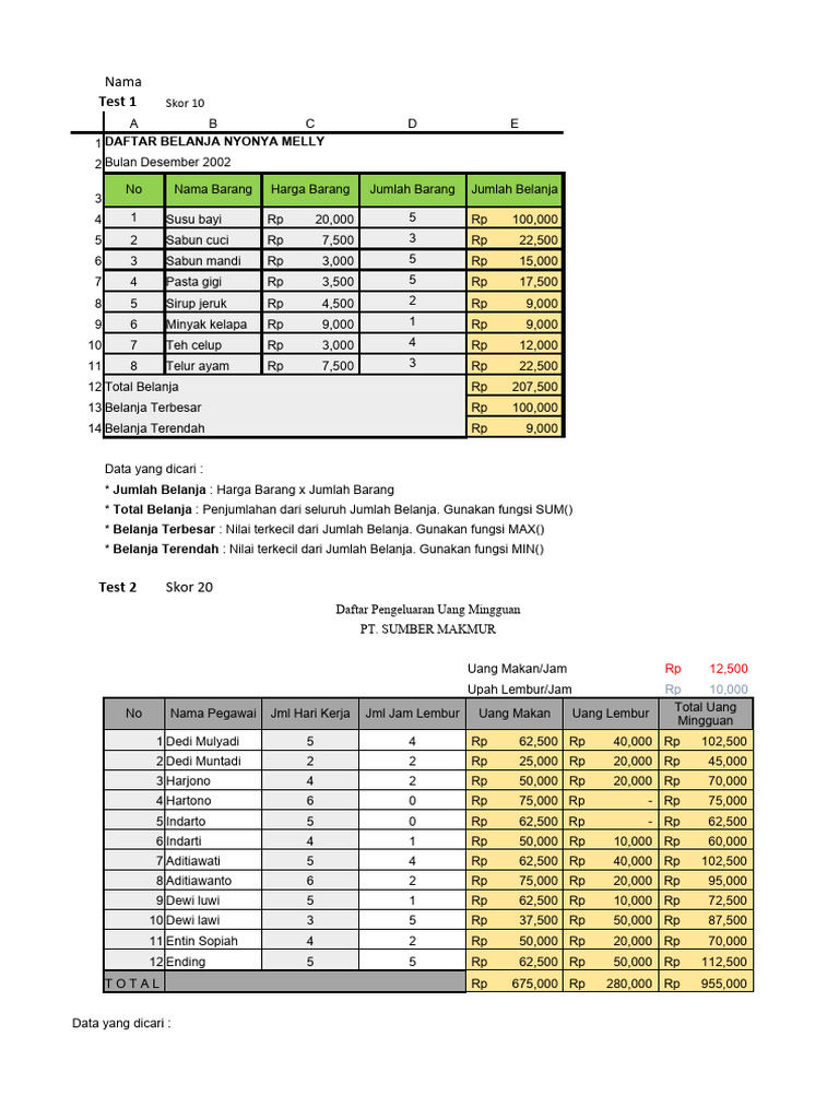 Test Excel Dasar Admin | PDF