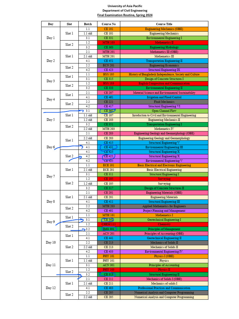 Civil Engineering Exam Schedule Spring 2024 | PDF | Engineering ...