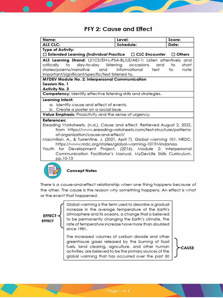 PFY Individual Worksheet 2 - Cause and Effect | PDF | Climate Change ...