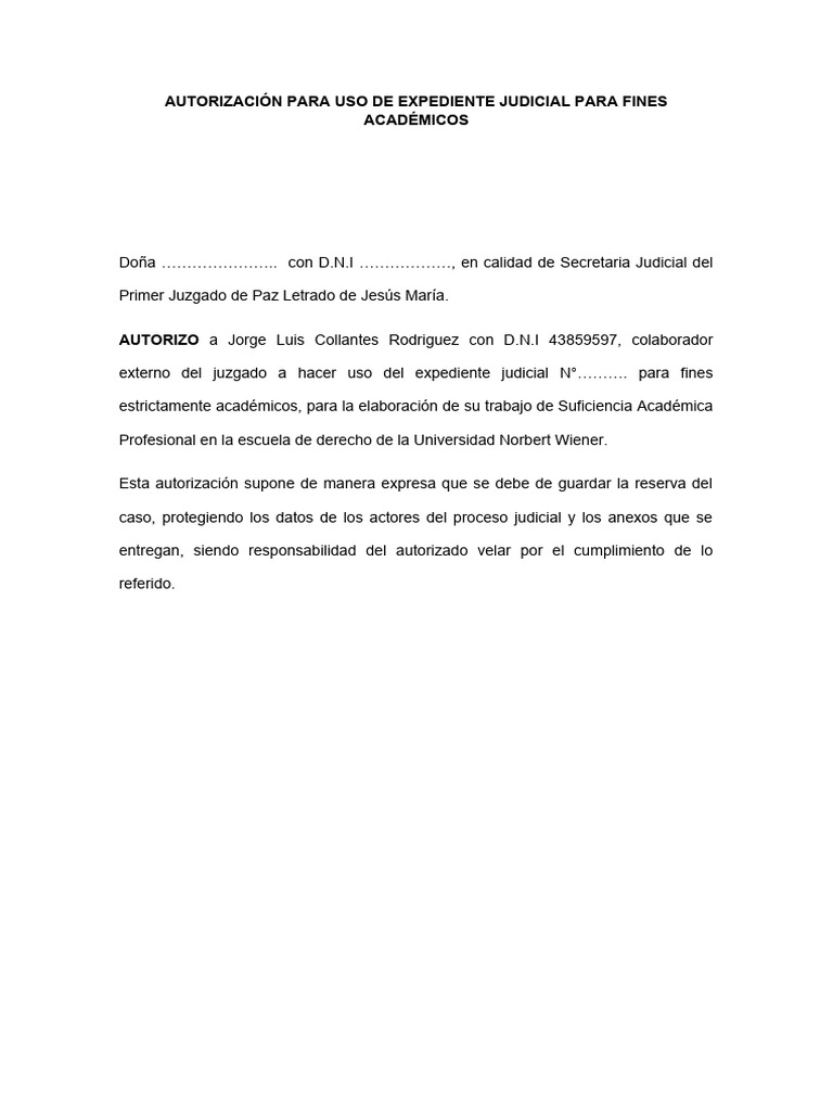 Autorizaci n Para Uso De Expediente Judicial Para Fines Academicos PDF