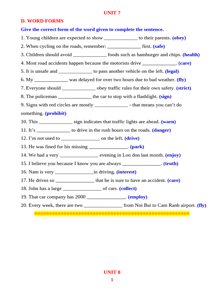 Bài tập Anh 7 theo chuyên đề 4. WORD FORMS E7 (UNIT 7-12) | PDF ...