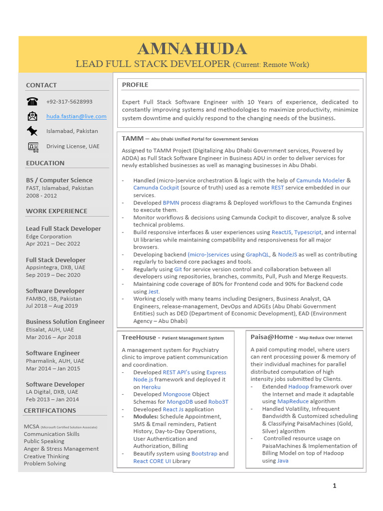 Lead Full Stack Developer Profile | PDF | Databases | Apache Hadoop