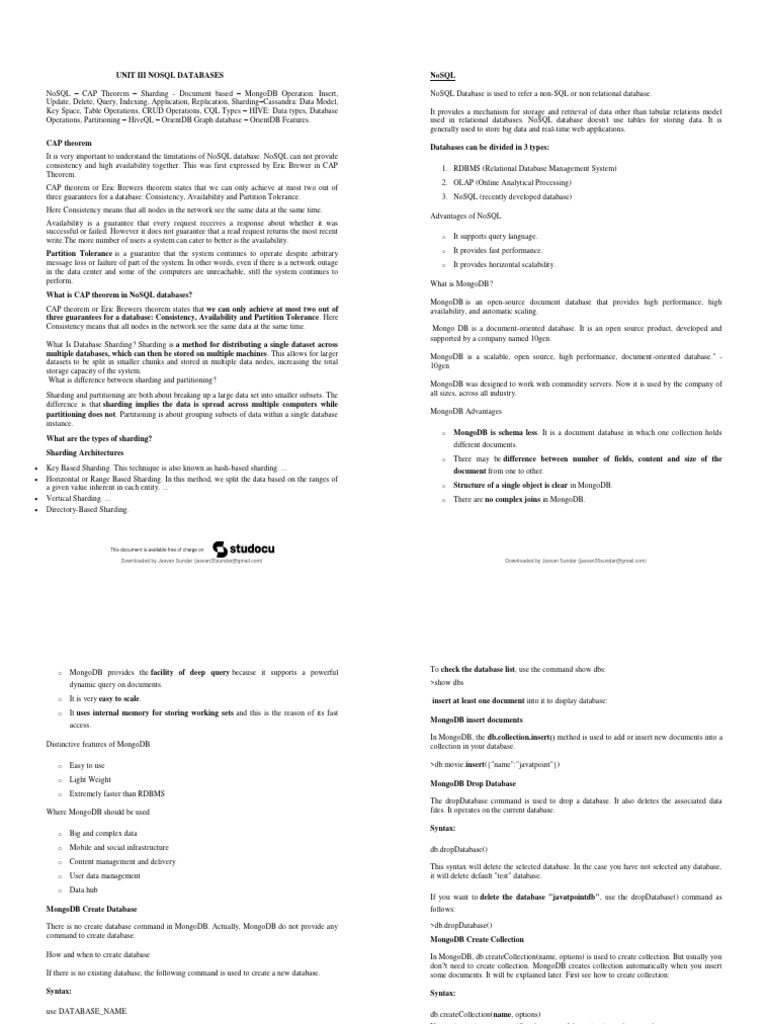 NoSQL Databases: CAP, Sharding, MongoDB | PDF | No Sql | Databases