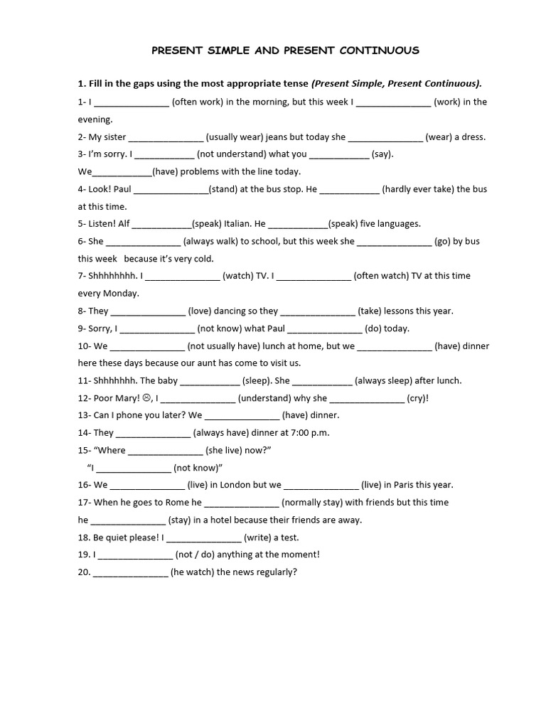 Present Simple vs. Present Continuous Exercises | PDF | Language Arts ...