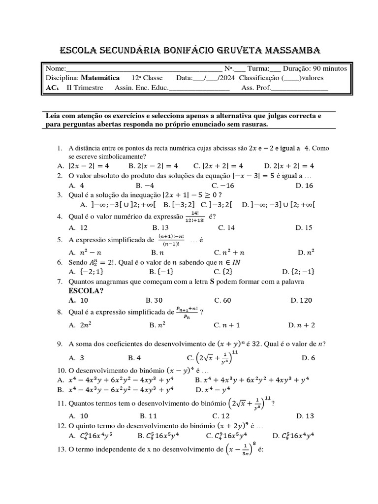 Teste Da 12 Classe | PDF | Matemática