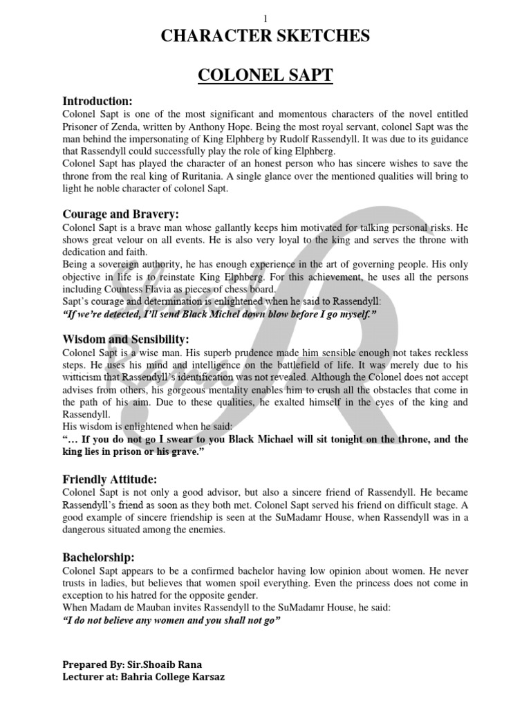 Character Sketches | PDF | The Prisoner Of Zenda