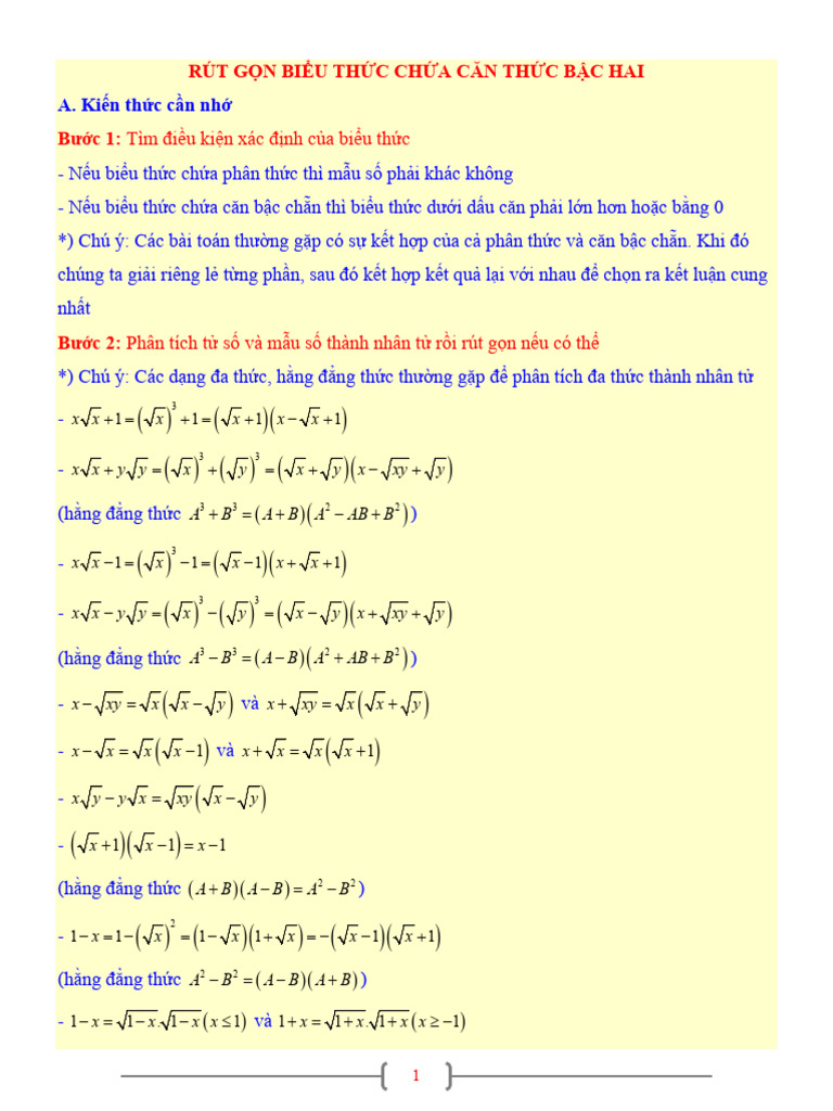 Tai lieu toan 9 chu de rut gon bieu thuc chua can thuc bac hai pdf