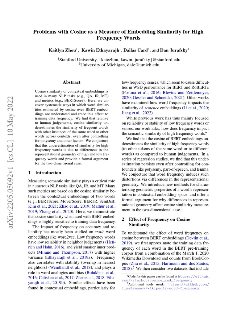 Problems With Cosine As A Measure Of Embedding Similarity For High Frequency Words