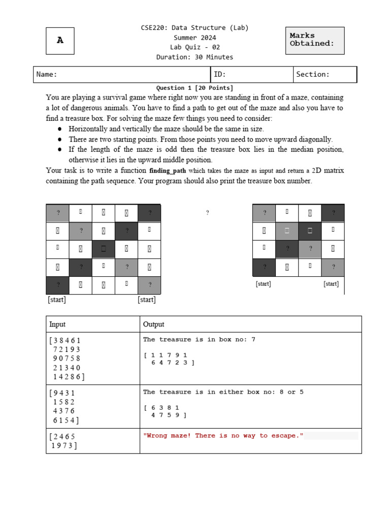 Maze Treasure Pathfinding Lab Quiz | PDF