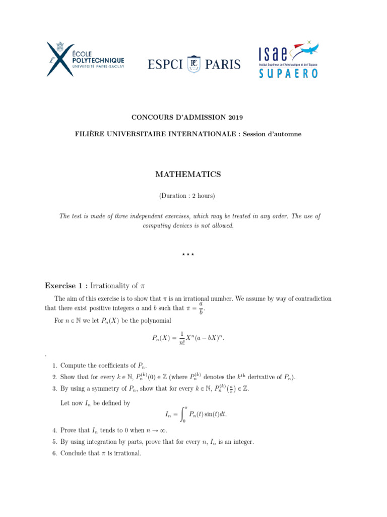 2019 Admission Exam: Mathematics Exercises | PDF | Eigenvalues And ...