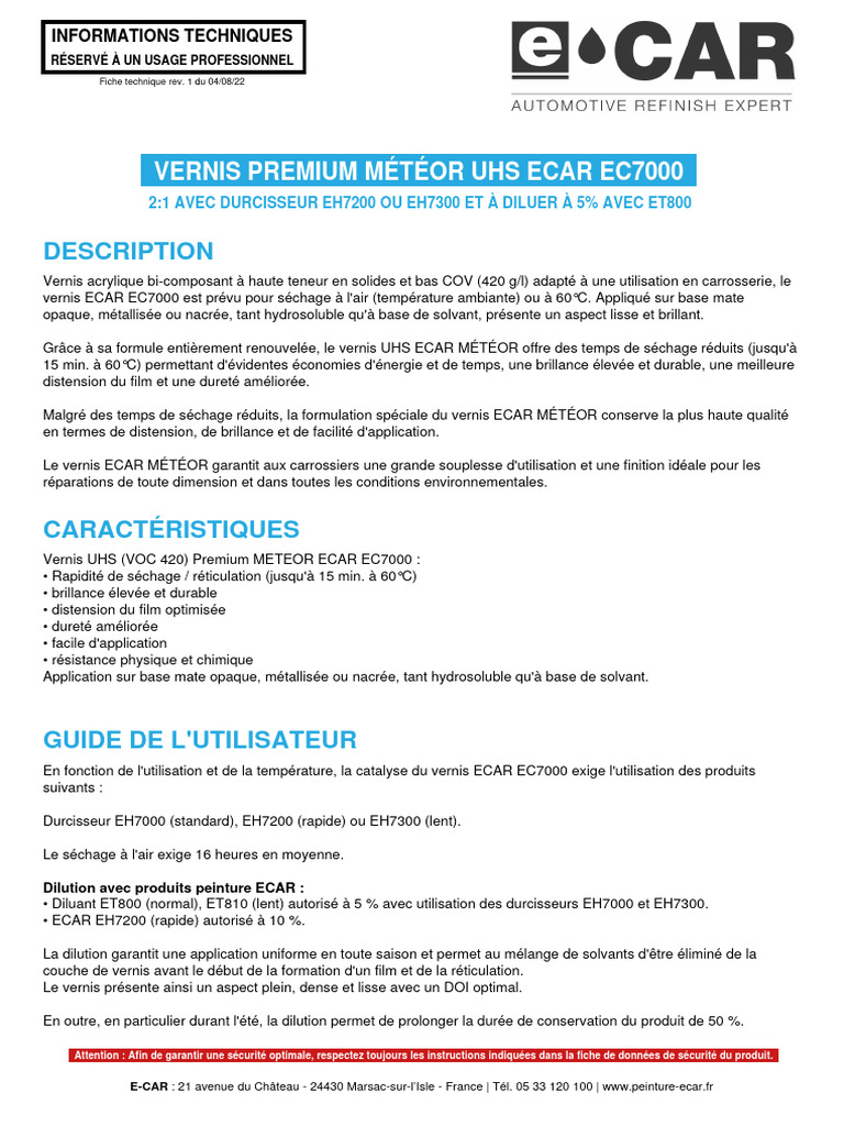 Vernis UHS ECAR MÉTÉOR EC7000 | PDF