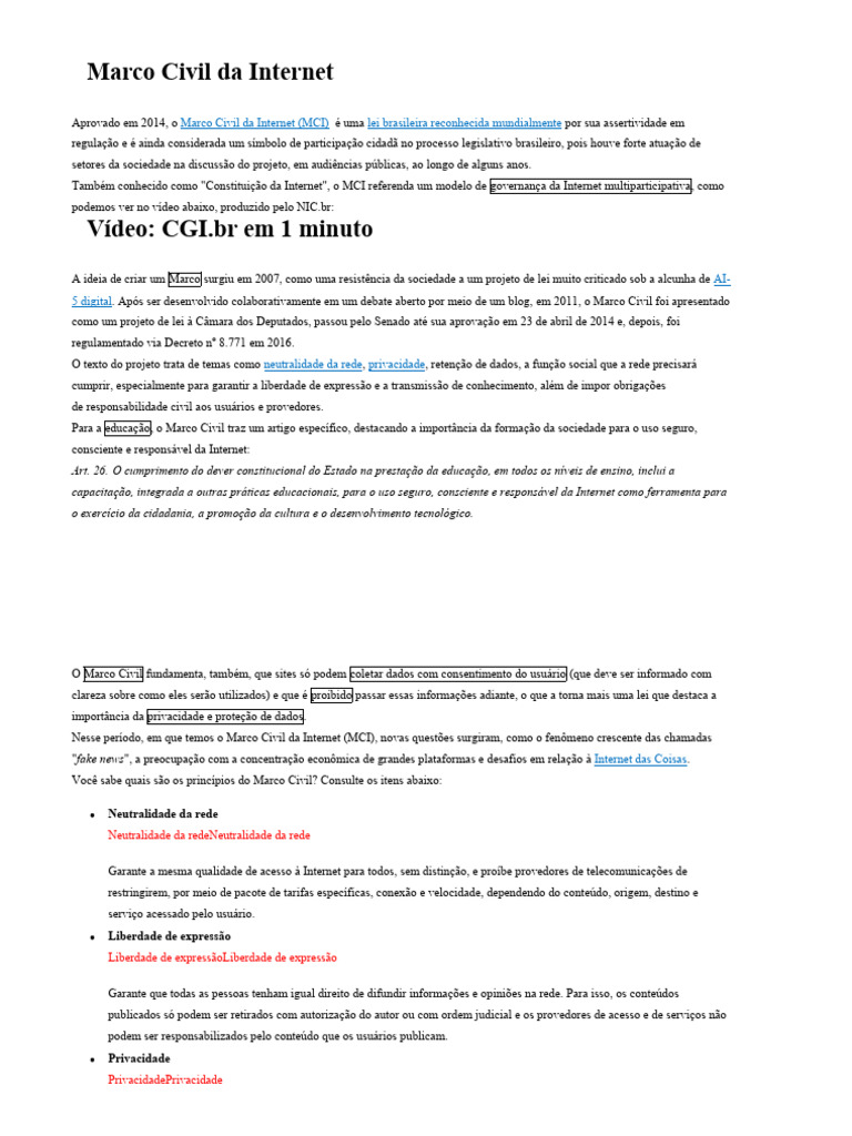 Marco Civil da Internet: Princípios e Impactos | PDF | Ciberespaço
