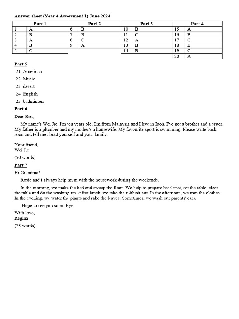 Year 4 Assessment 1 Answer Sheet | PDF