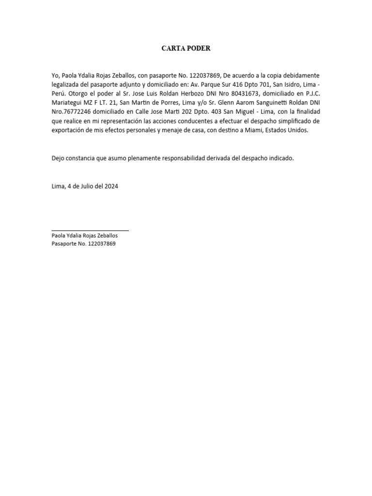 Carta Poder y Declaración Jurada de Exportación | PDF | Política