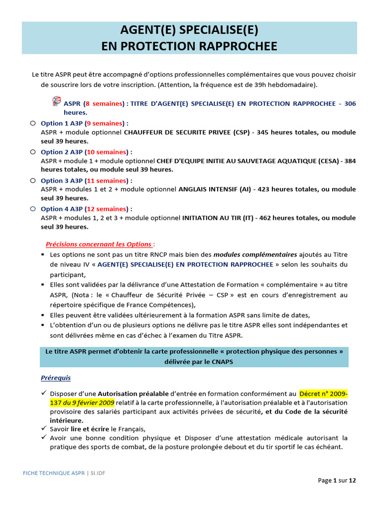 Formation ASPR : Agent Protection Rapprochée | PDF | Sécurité | Garde ...