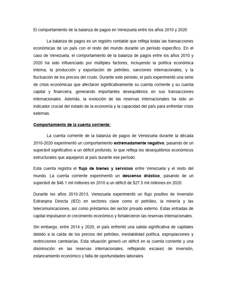 Balanza de pagos en Venezuela 2010-2020 | PDF | Balance de pagos ...