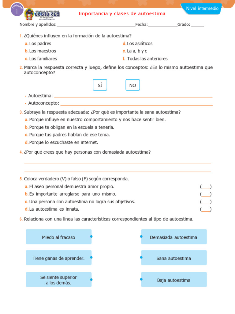 Importancia y Clases de Autoestima - 6to Grado | PDF | Autoestima ...
