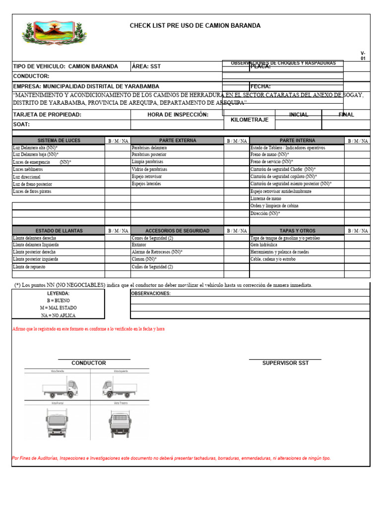 Checklist Pre Uso Camión Baranda | PDF | Camión | Tecnologías automotrices