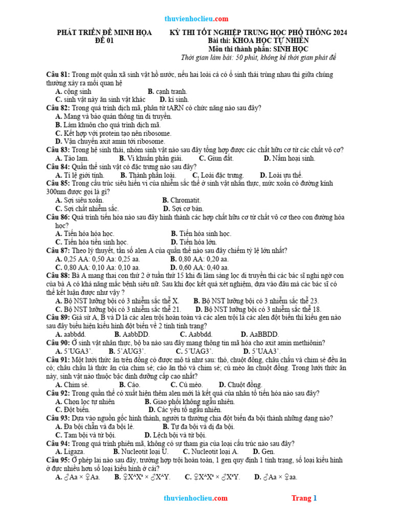 Bo de Thi Thu TN THPT 2024 Sinh Phat Trien Tu de Minh Hoa | PDF