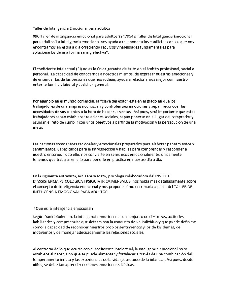 Taller de Inteligencia Emocional Adultos | PDF | Inteligencia emocional ...