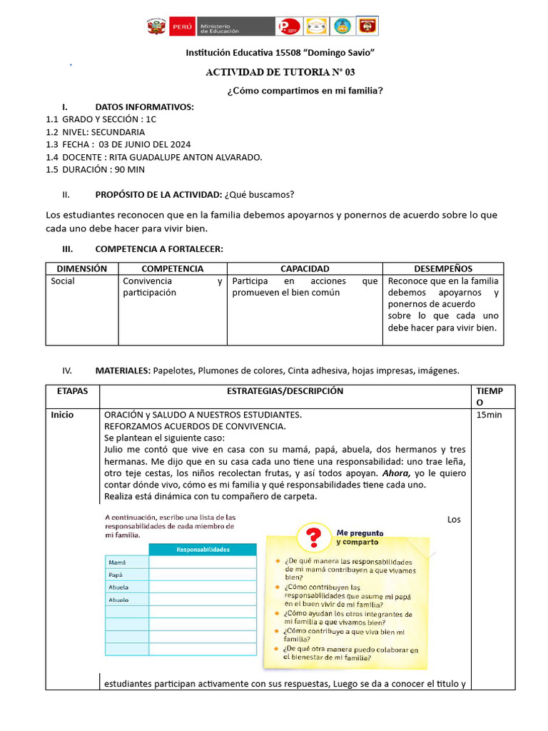 Actividad Familiar en Tutoria 1C | PDF | Crecimiento personal y ...