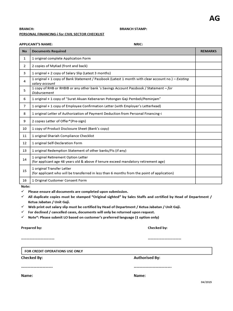 NO 1 Checklist Via AG | PDF | Personal Finance | Banking