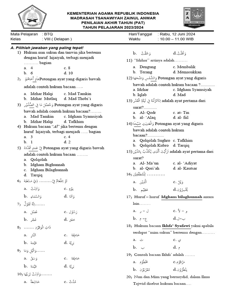 SOAL BTQ MTS (2b, 2c) | PDF