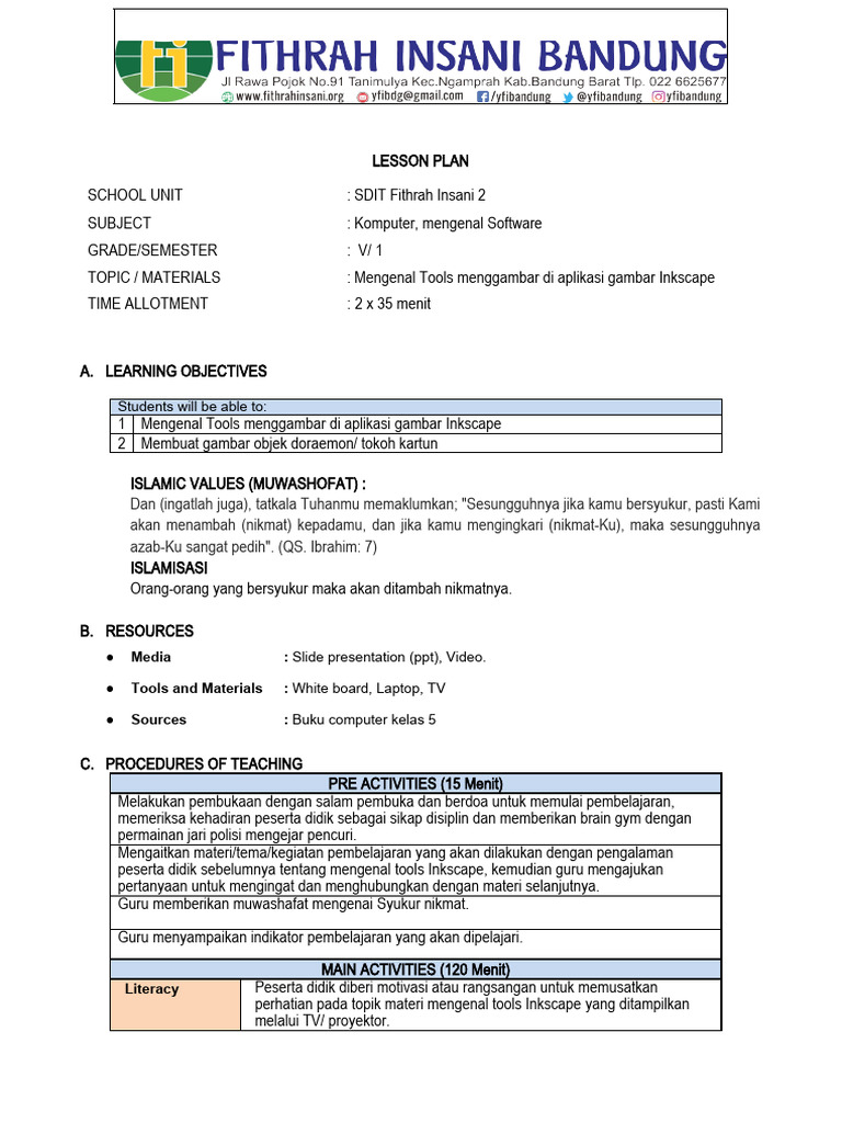 Format Lesson Plan (Modul Ajar) K13 - Komputer Kelas 5 SMT 1 Pertemuan