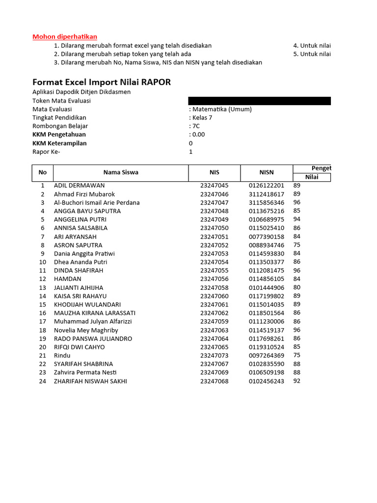 format-nilai-rapor-20231-7C-Matematika (Umum) | PDF