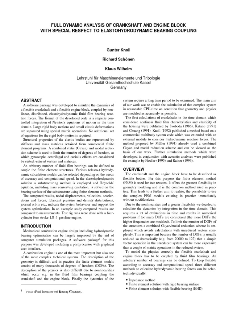 Full Dynamic Analysis of Crankshaft and Engine Block With Special ...