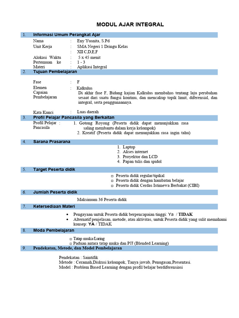 Modul Ajar Integral untuk Kelas XII | PDF